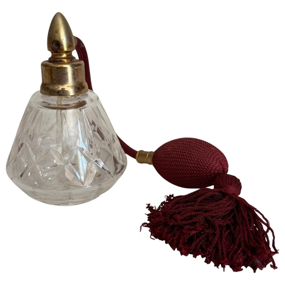 VTG Waterford Crystal Lismore Perfume Atomizer Cut Glass Clear Burgundy Tassel